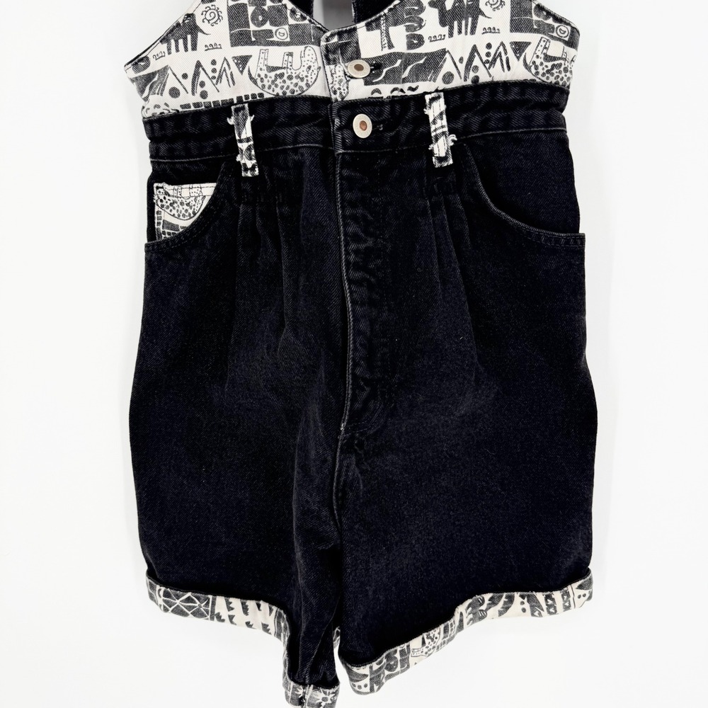 Wrangler Vintage 80s Printed Short Overalls Made in USA Retro Black Sz 11  Artsy - Picture 3 of 9
